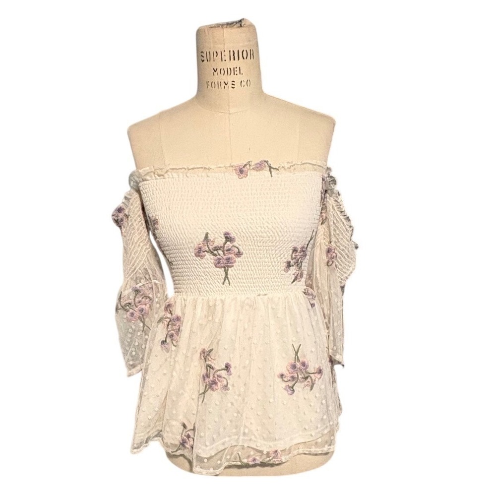 Off Shoulder Smocked Floral Peplum Top Cream Cottagecore Coquette Blouse Small